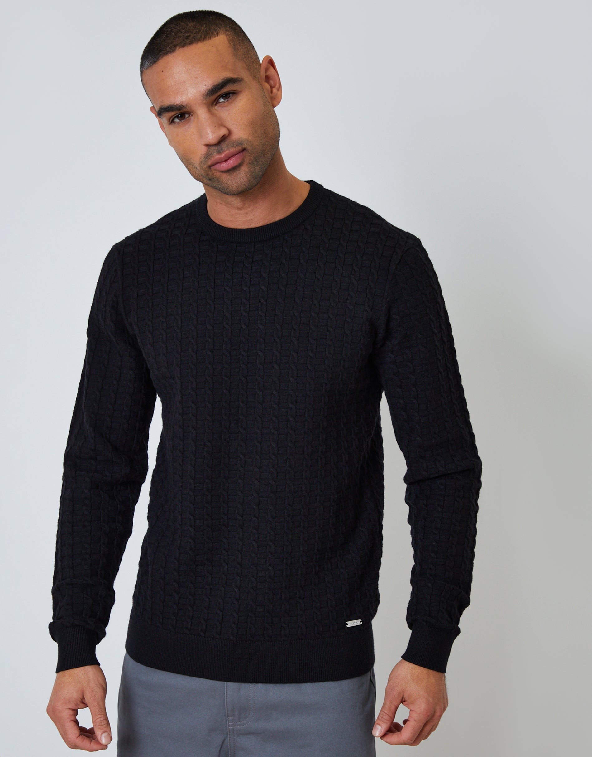 Cable Knit Crew Neck Jumper in Black