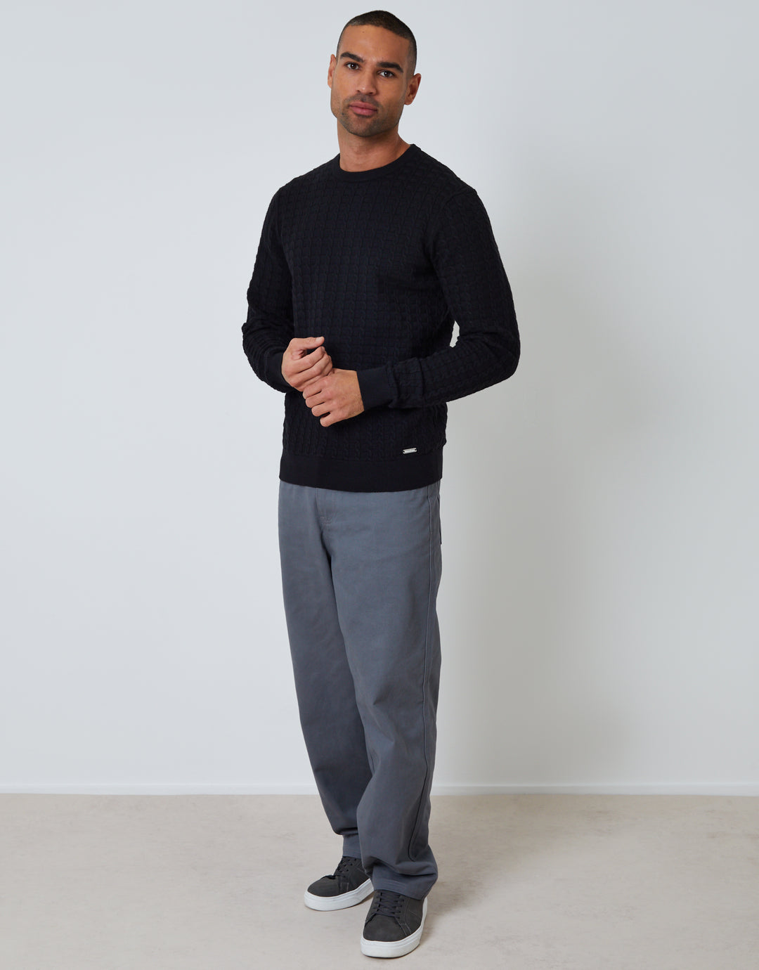 Black Cable Knit Crew Neck Jumper