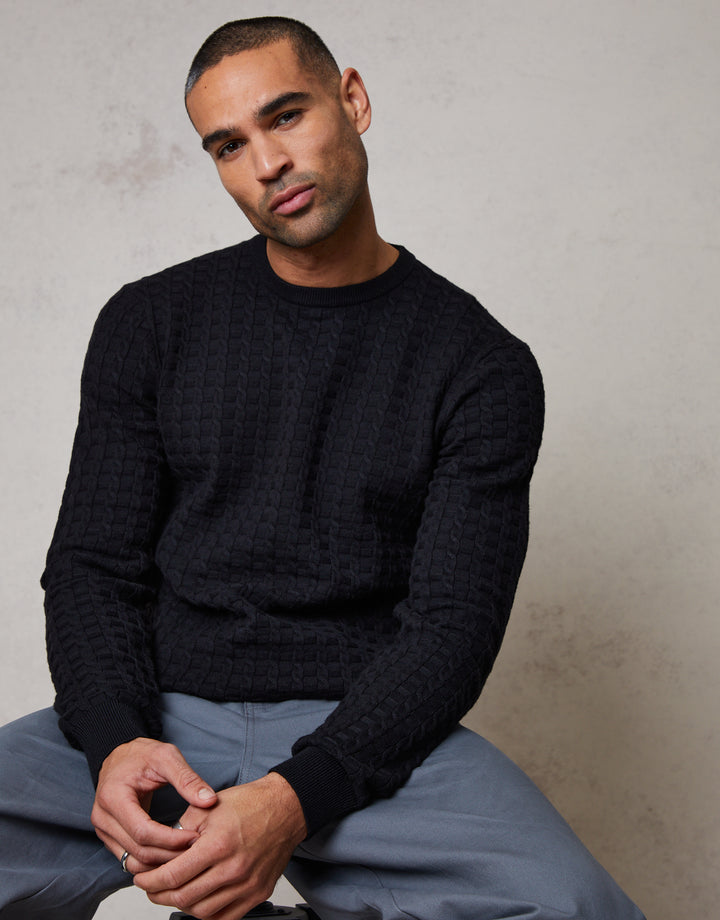 Black Cable Knit Crew Neck Jumper