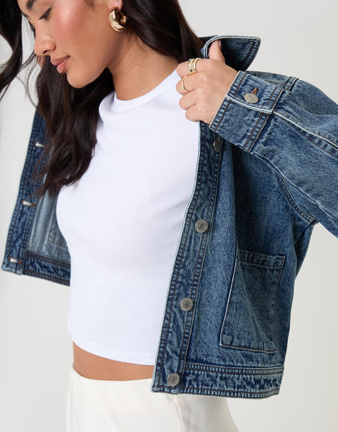 Threadbare Denim Jacket with Patch Pockets in Mid Wash - front view worn open