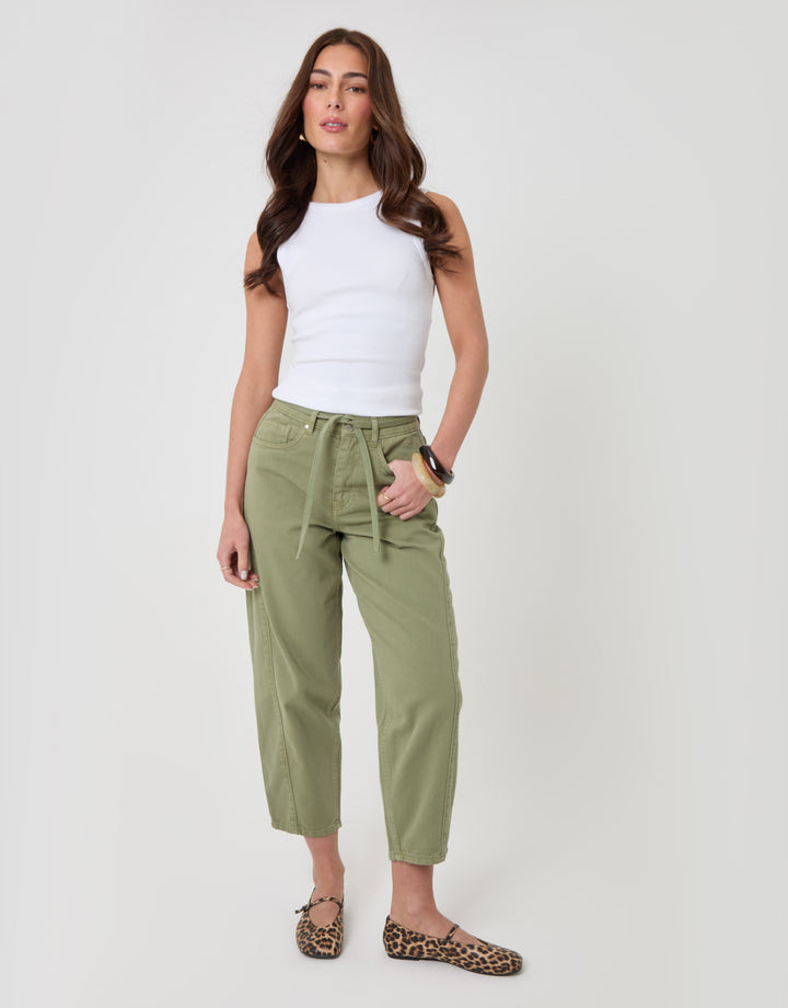 Threadbare Belted Barrel Leg Jeans in Sage Green - front view