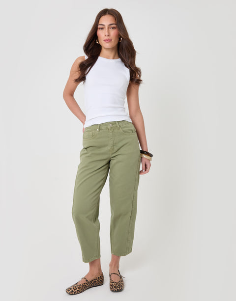 Threadbare Belted Barrel Leg Jeans in Sage Green - full body