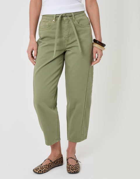 Threadbare Belted Barrel Leg Jeans in Sage Green - front view