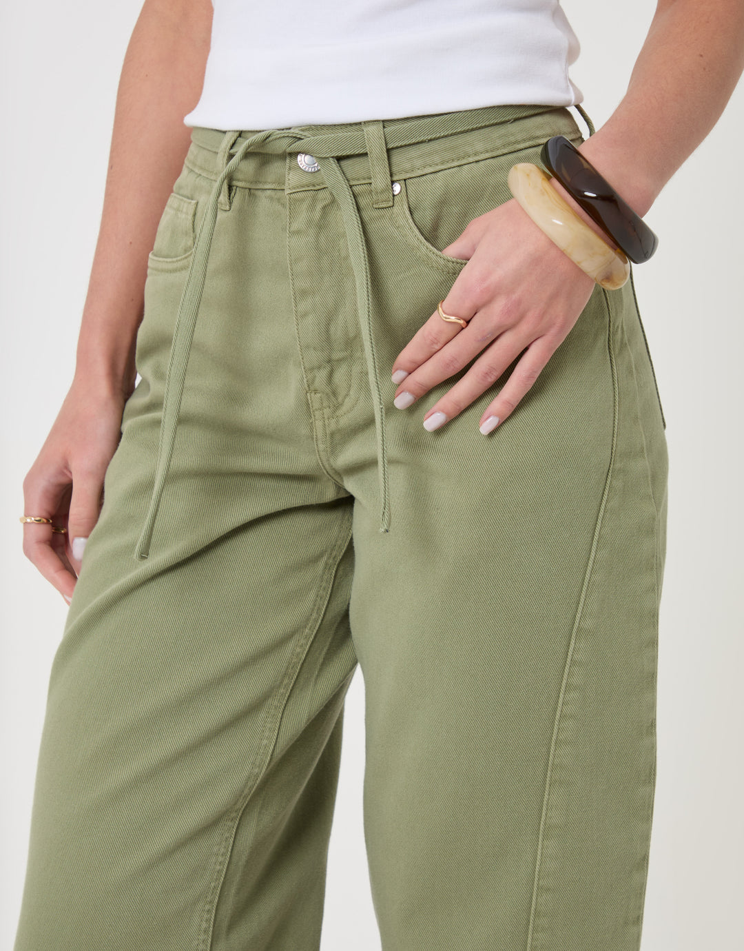 Threadbare Belted Barrel Leg Jeans in Sage Green - close up