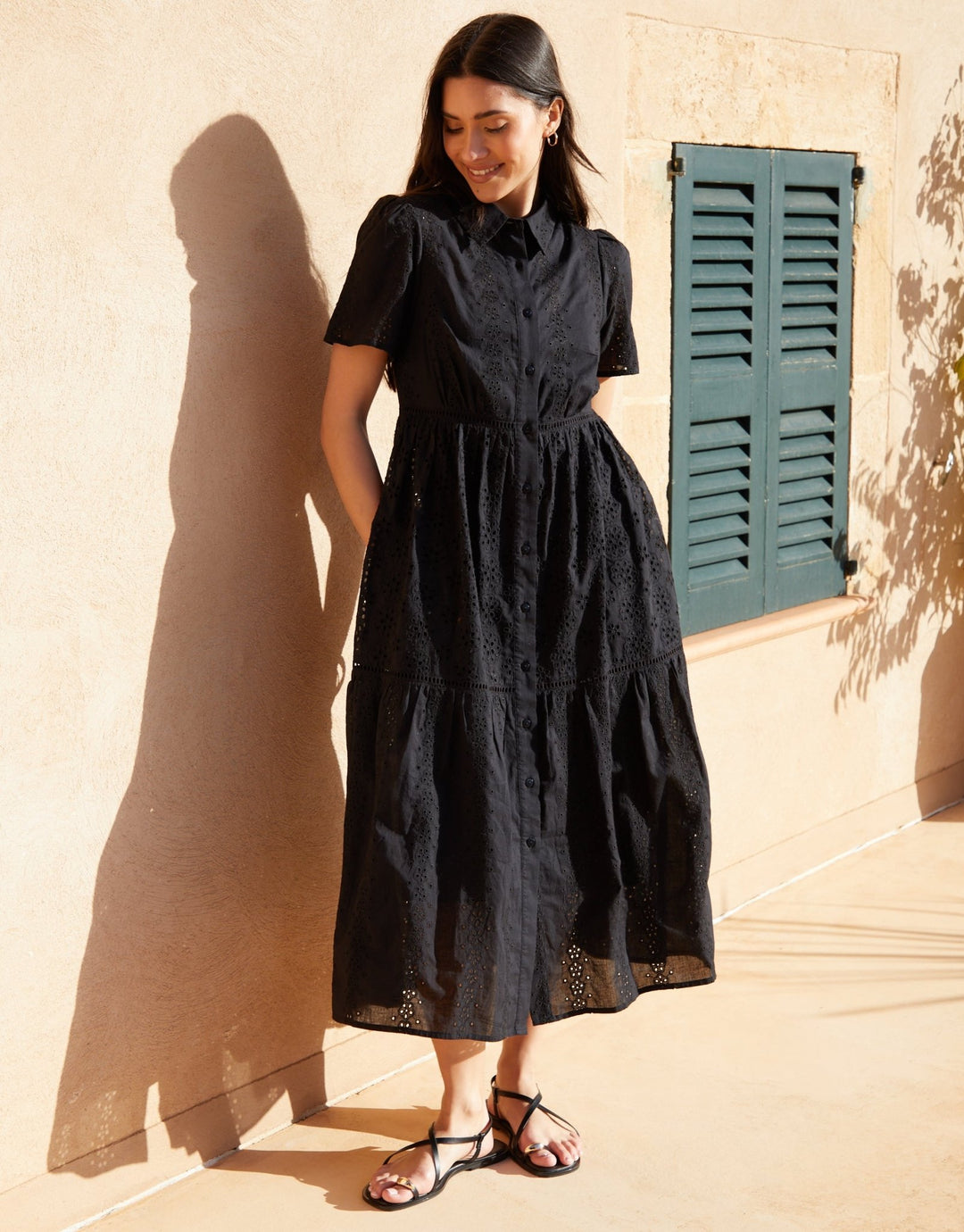 Threadbare Women's Broderie Maxi Shirt Dress in Black