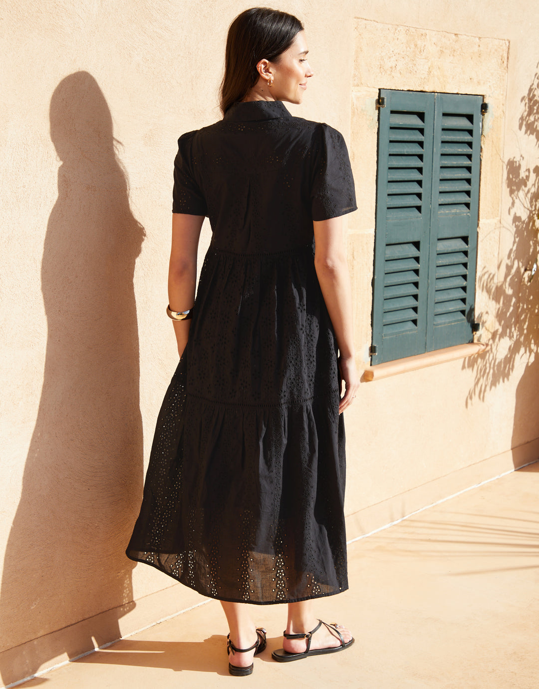 Black Short Sleeve Collared Broderie Maxi Shirt Dress