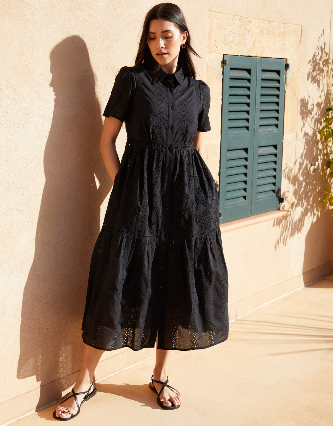 Black Short Sleeve Collared Broderie Maxi Shirt Dress