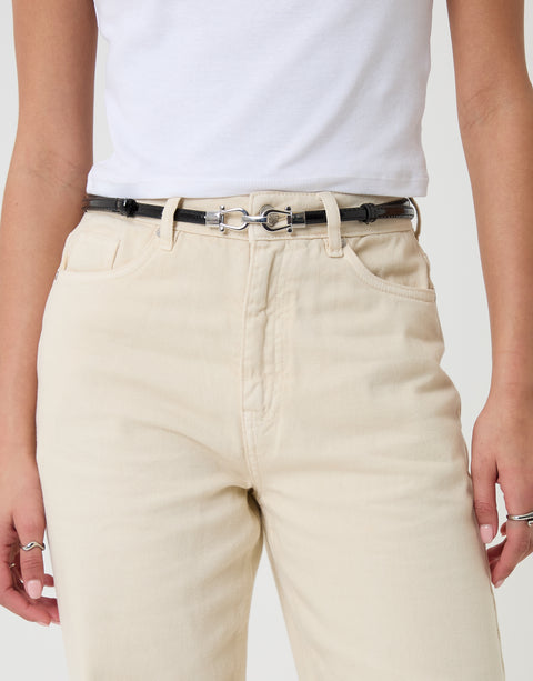 Threadbare Faux Leather Belt with Horsebit Buckle in Black - full view on model
