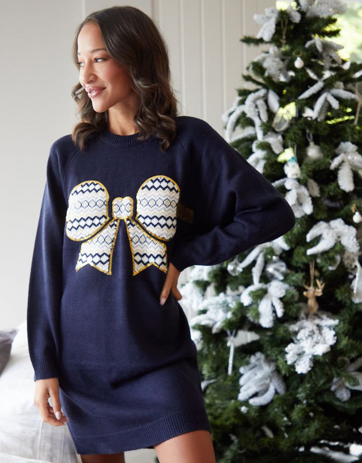 Navy Sequin Bow Knitted Jumper Dress