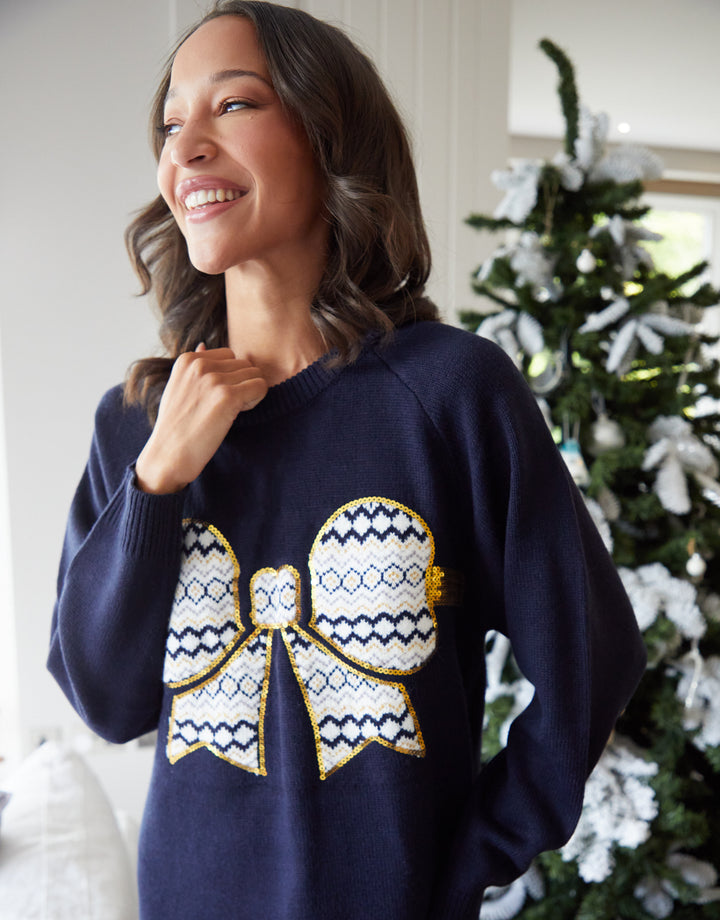 Navy Sequin Bow Knitted Jumper Dress