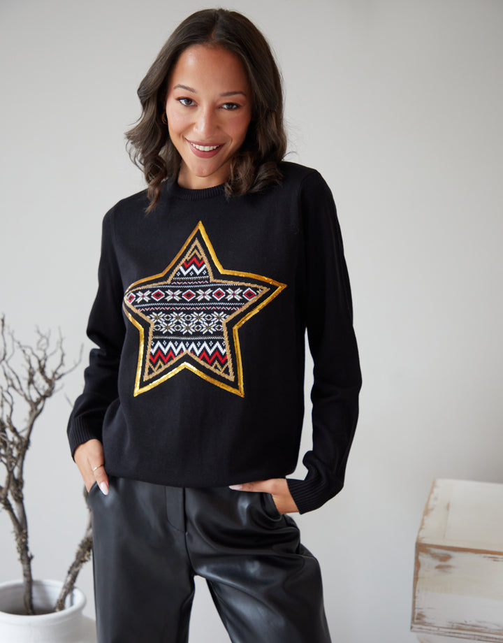 Black Fairisle Sequin Crew Neck Christmas Jumper