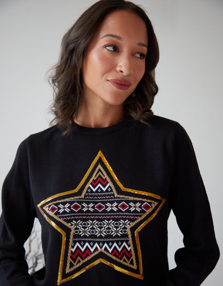 Black Fairisle Sequin Crew Neck Christmas Jumper