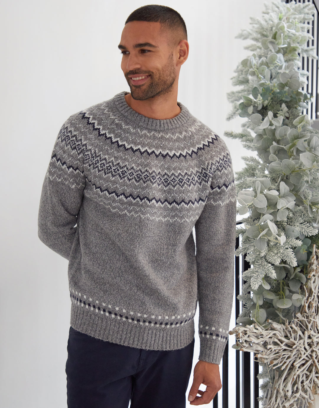 Fairisle Knitted Raglan Jumper in Grey