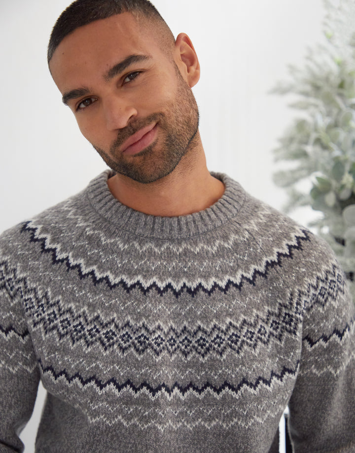 Fairisle Knitted Raglan Jumper in Grey