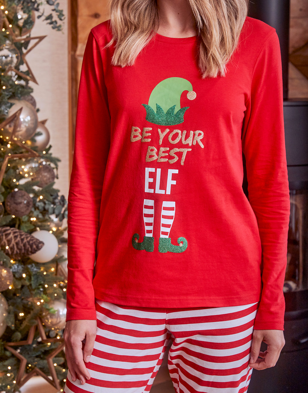 Red Elf Candy Cane Stripe Christmas Pyjamas (2-Piece Set)