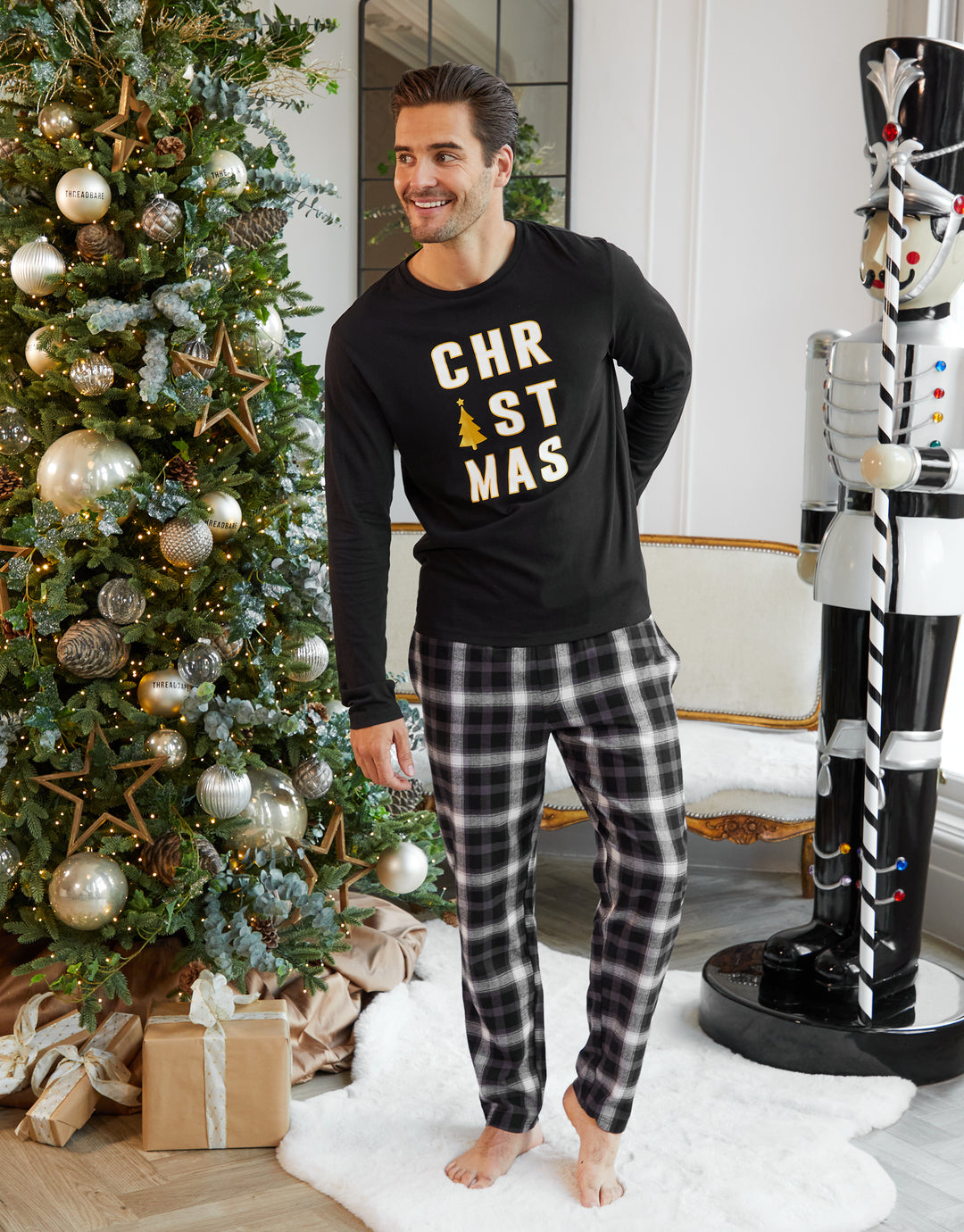 Threadbare Men's Black Check Christmas Long Pyjamas Family