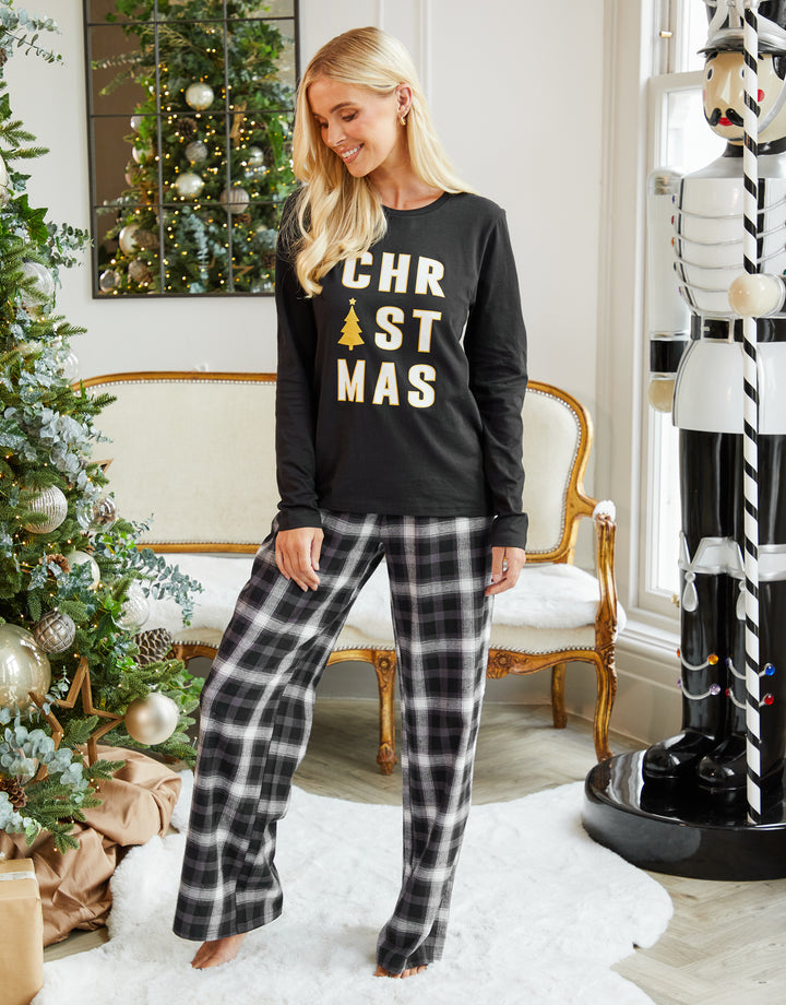Black Check Long Sleeve Christmas Pyjamas (2-Piece Set)