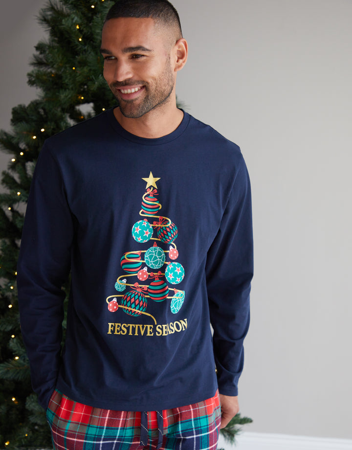 Navy Christmas Tree Graphic Long Sleeve Check Pyjamas