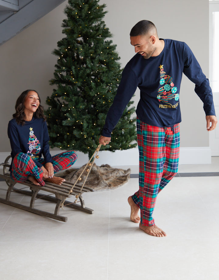 Navy Christmas Tree Graphic Long Sleeve Check Pyjamas