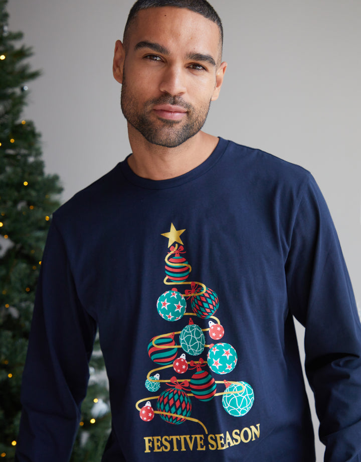 Navy Christmas Tree Graphic Long Sleeve Check Pyjamas