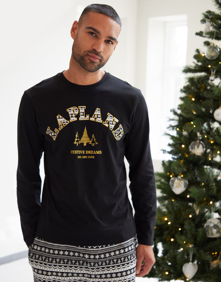 Black Lapland Fairisle Long Sleeve Christmas Pyjamas (2-Piece Set)