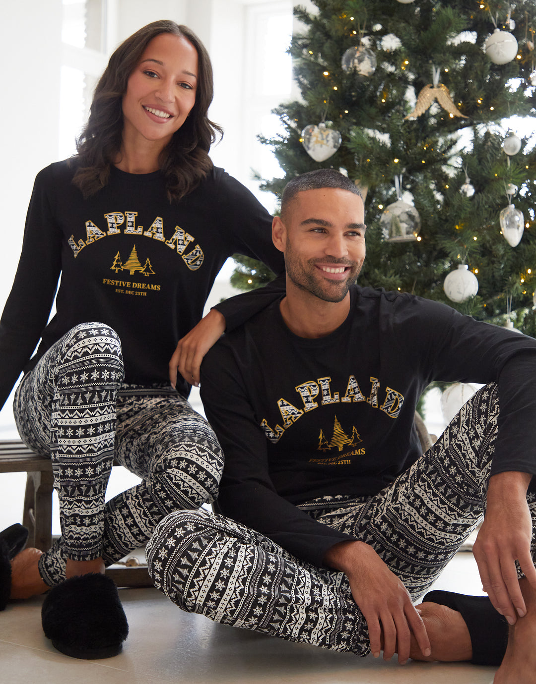 Black Lapland Fairisle Long Sleeve Christmas Pyjamas (2-Piece Set)