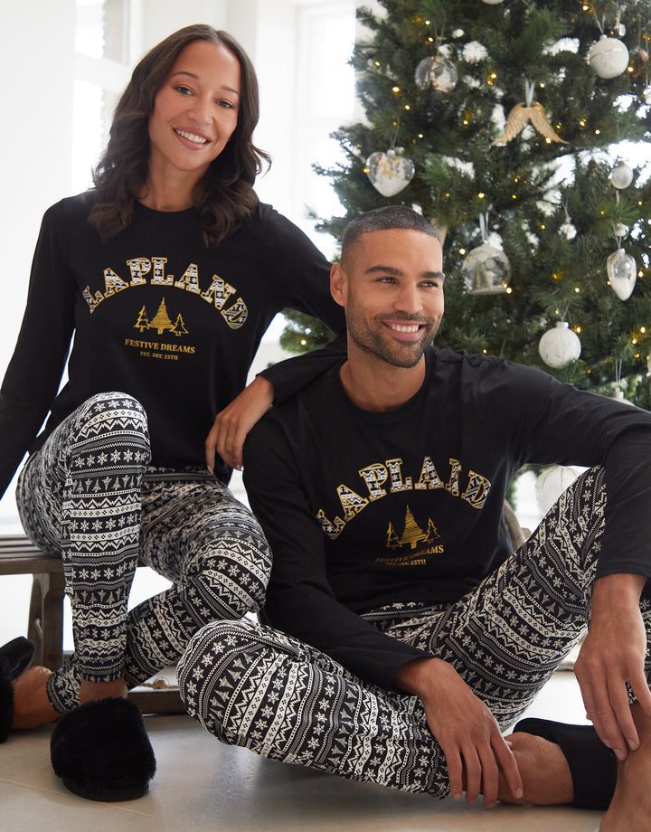 Black Lapland Fairisle Long Sleeve Christmas Pyjamas (2-Piece Set)