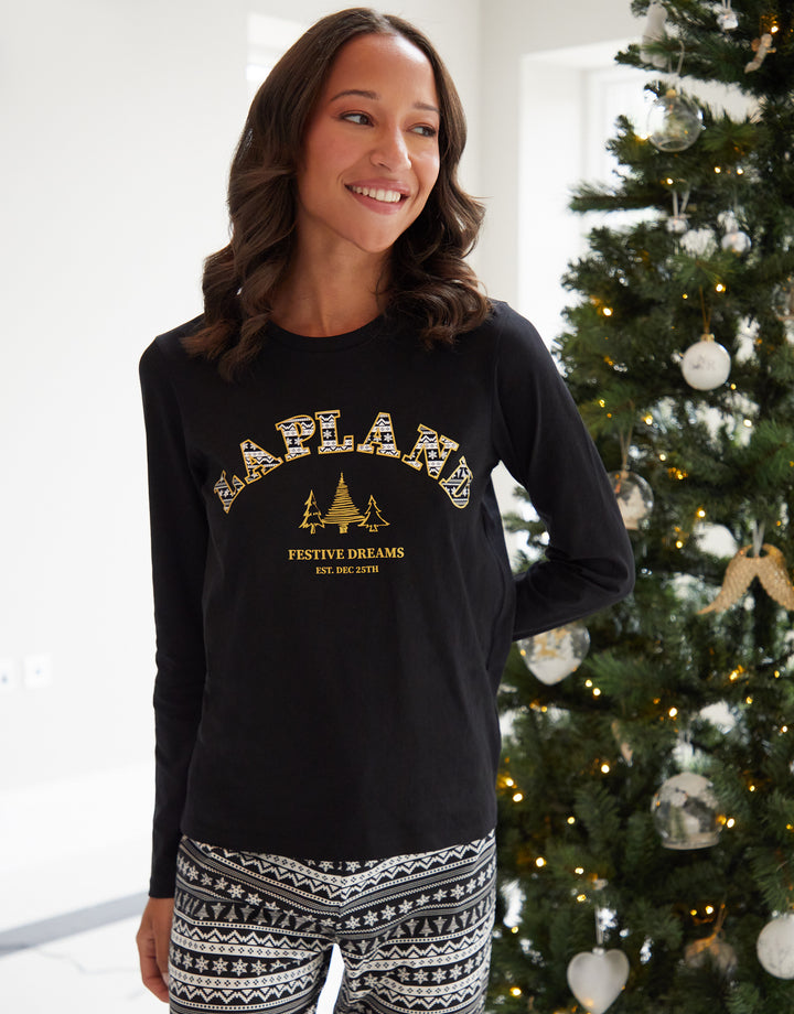 Black Lapland Fairisle Long Sleeve Christmas Pyjamas (2-Piece Set)