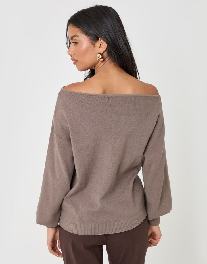 Threadbare Soft Slash Neck Jumper in Mocha Brown - back view