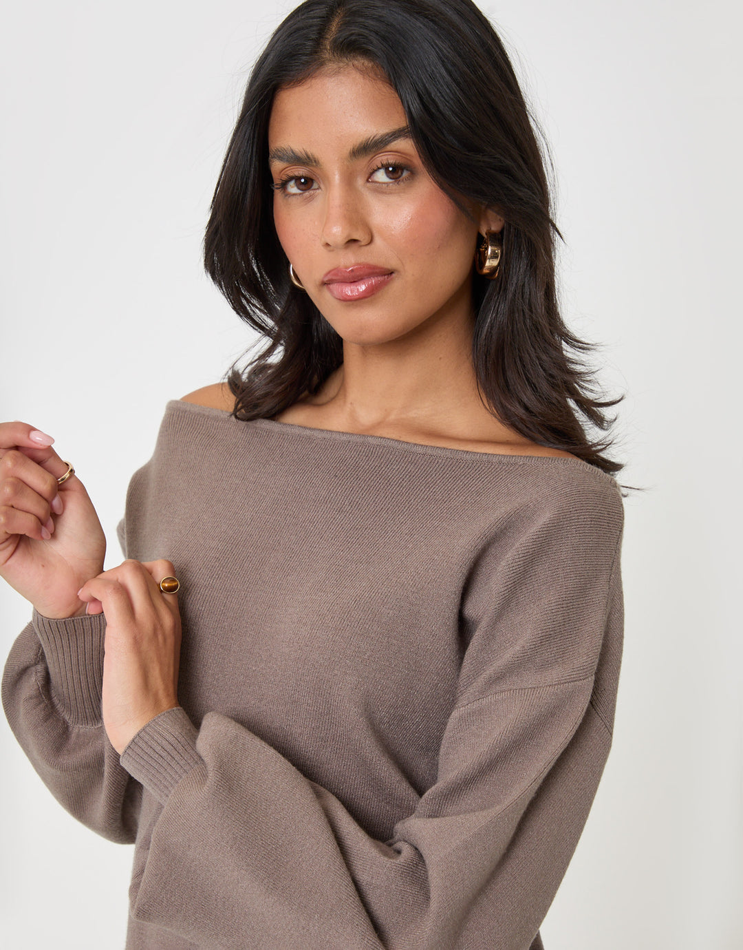 Threadbare Soft Slash Neck Jumper in Mocha Brown - close up
