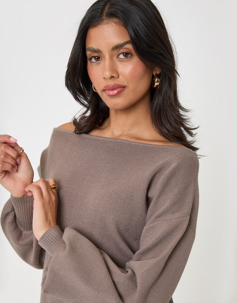 Threadbare Soft Slash Neck Jumper in Mocha Brown - close up