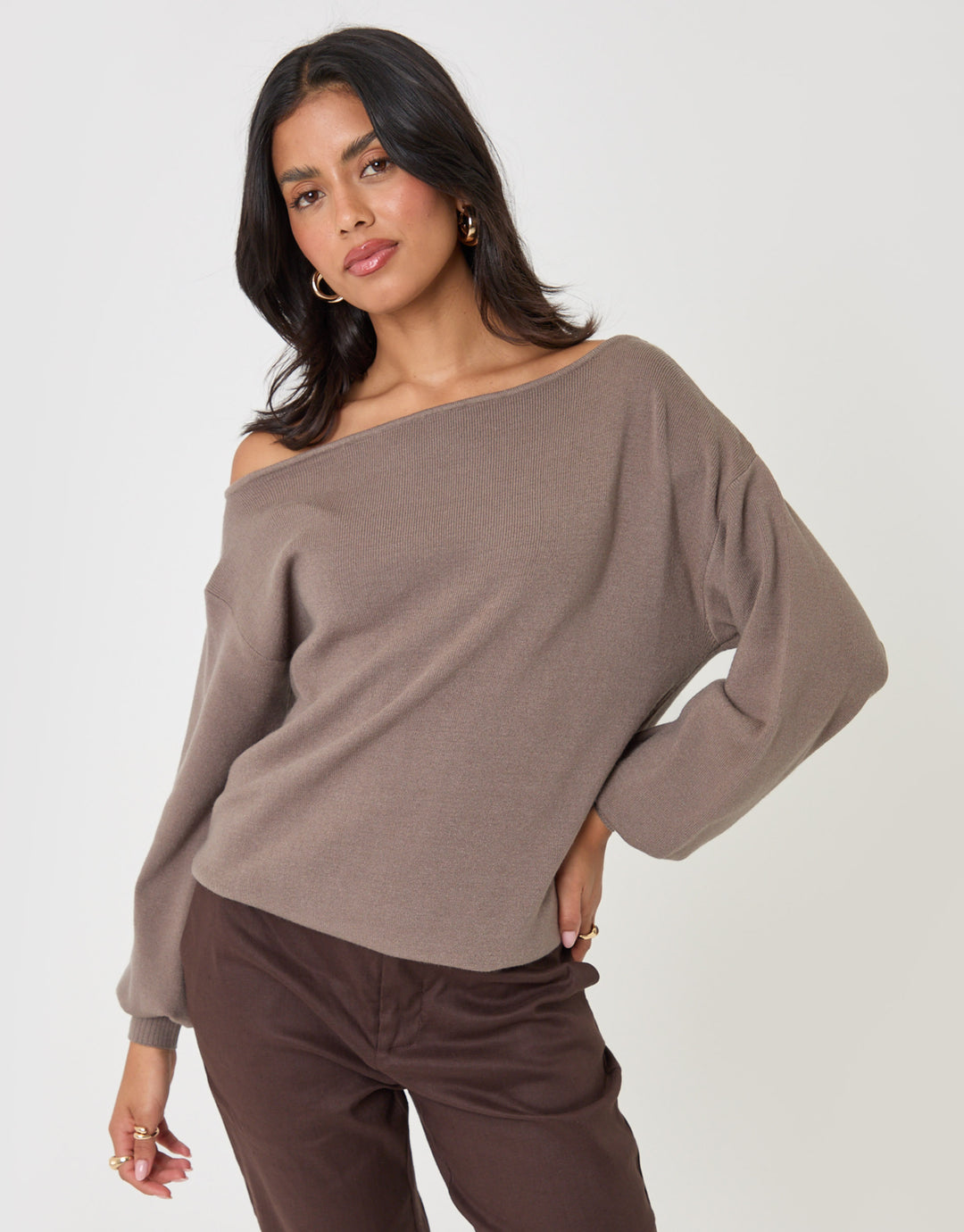 Threadbare Soft Slash Neck Jumper in Mocha Brown - front view