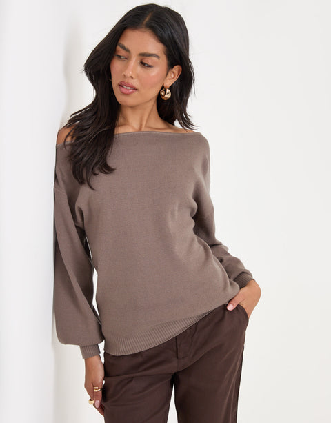 Threadbare Soft Slash Neck Jumper in Mocha Brown - side view