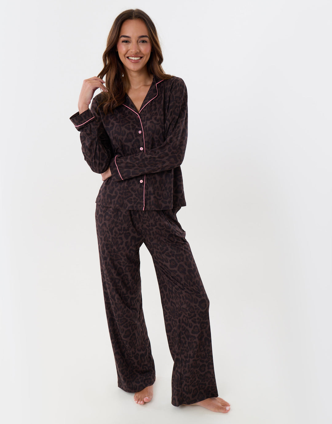 Contrast Piping Pyjama Set with Scrunchie in Leopard Print