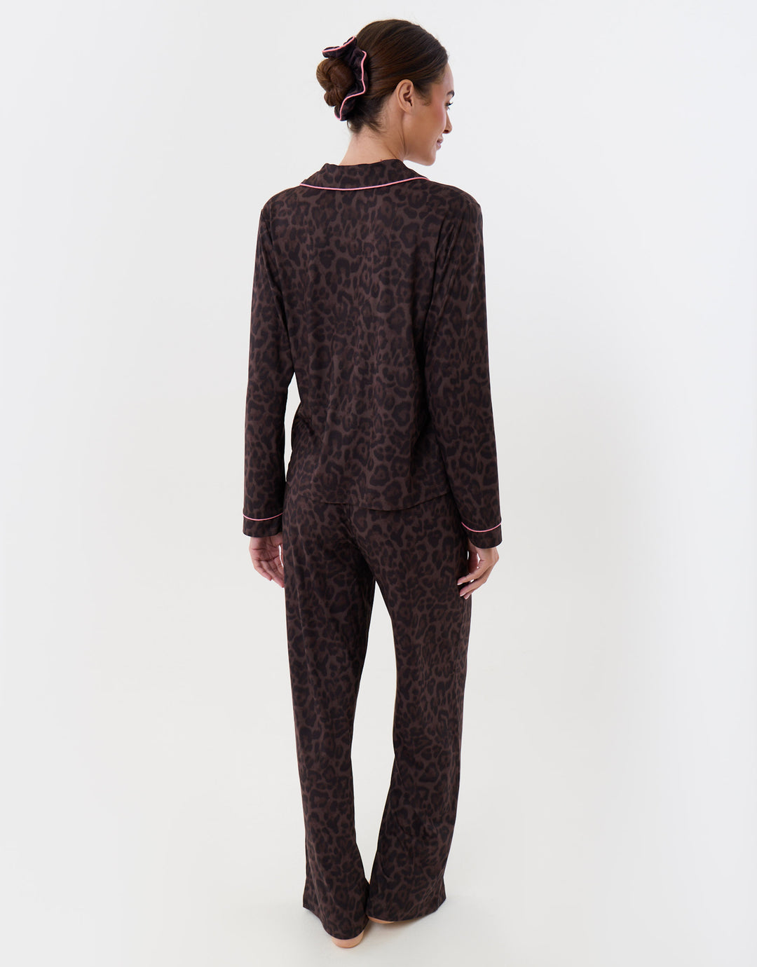 Threadbare Petite Contrast Piping Pyjama Set in Leopard Print - back view