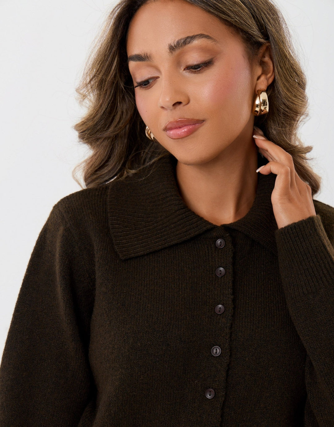 Polo Button Up Cardigan in Chocolate Brown