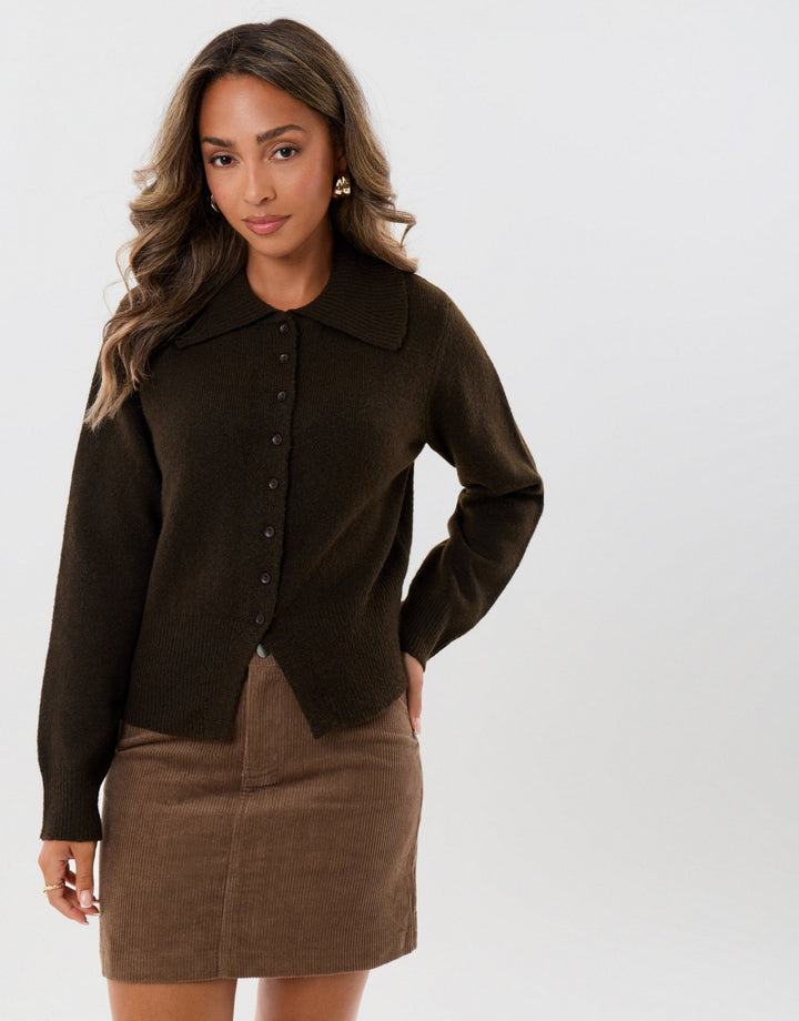Polo Button Up Cardigan in Chocolate Brown