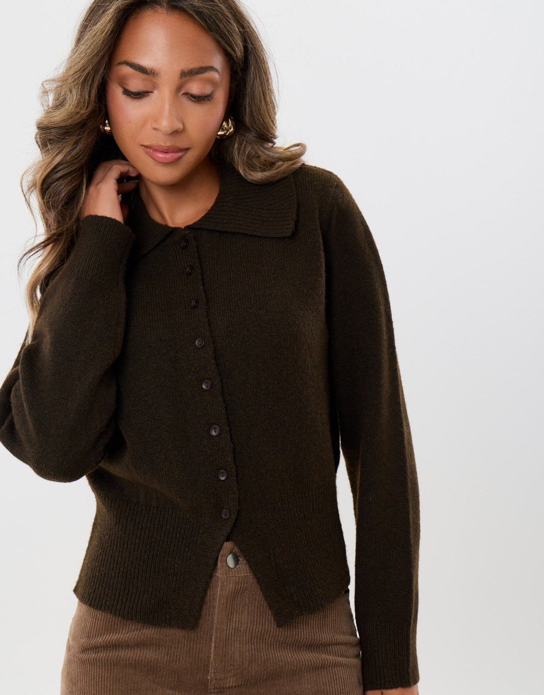 Polo Button Up Cardigan in Chocolate Brown