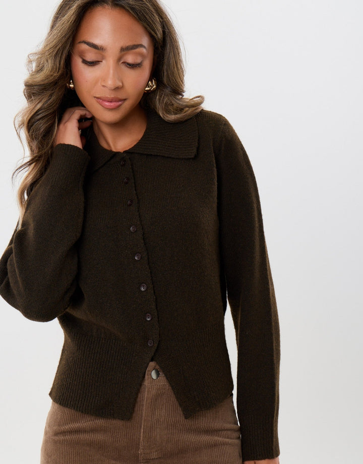 Polo Button Up Cardigan in Chocolate Brown