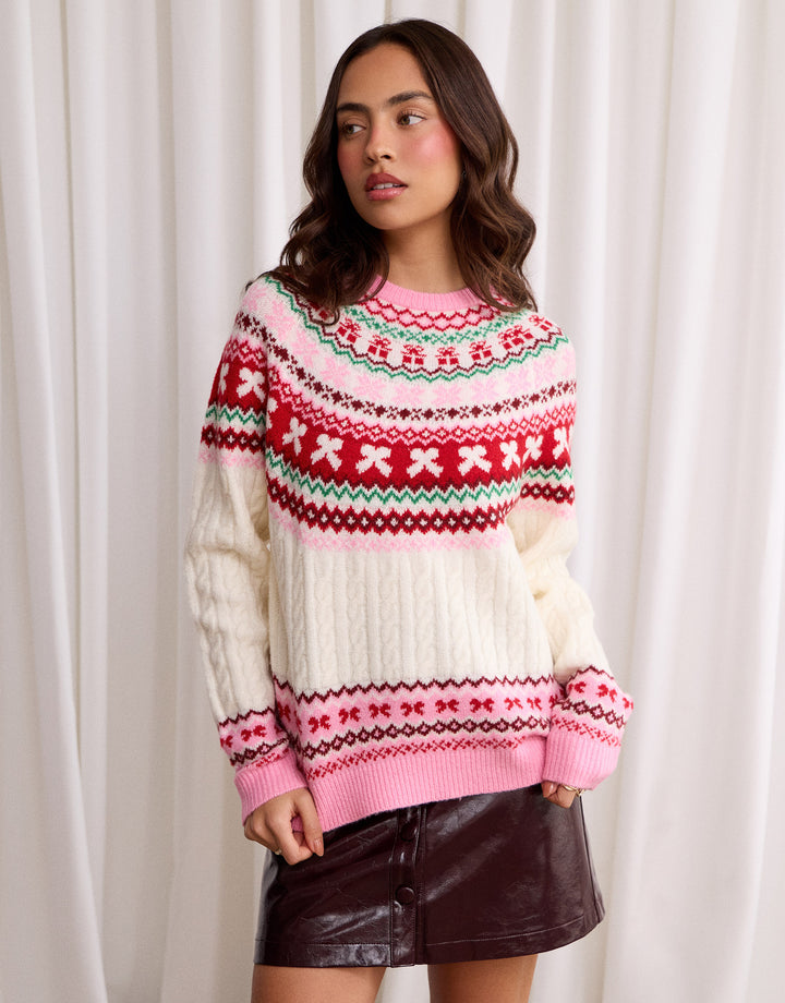 Fairisle Cable Knit Christmas Jumper in Pink & Cream