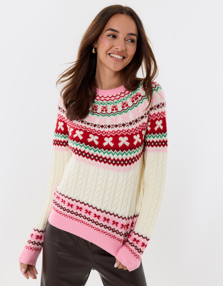 Fairisle Cable Knit Christmas Jumper in Pink & Cream