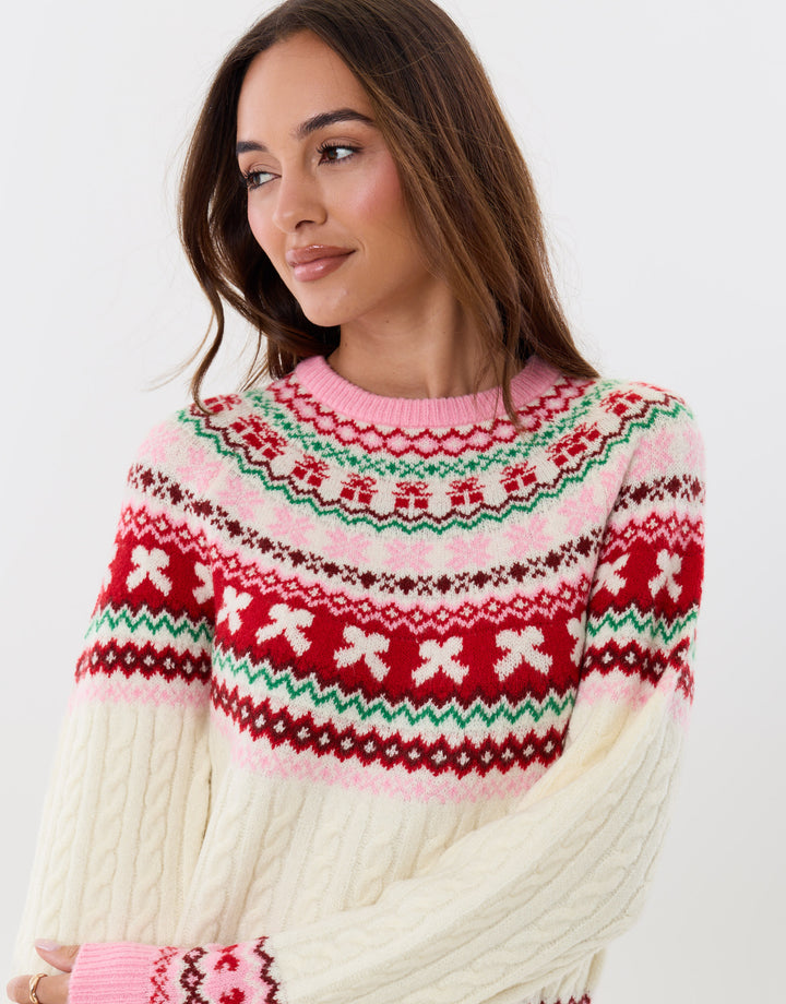 Fairisle Cable Knit Christmas Jumper in Pink & Cream