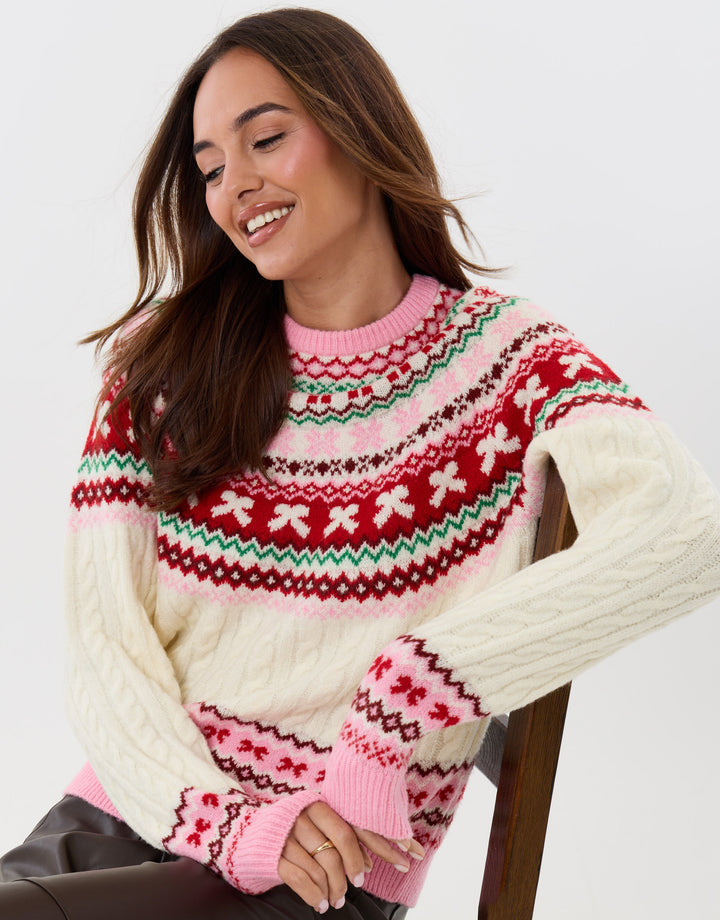 Fairisle Cable Knit Christmas Jumper in Pink & Cream