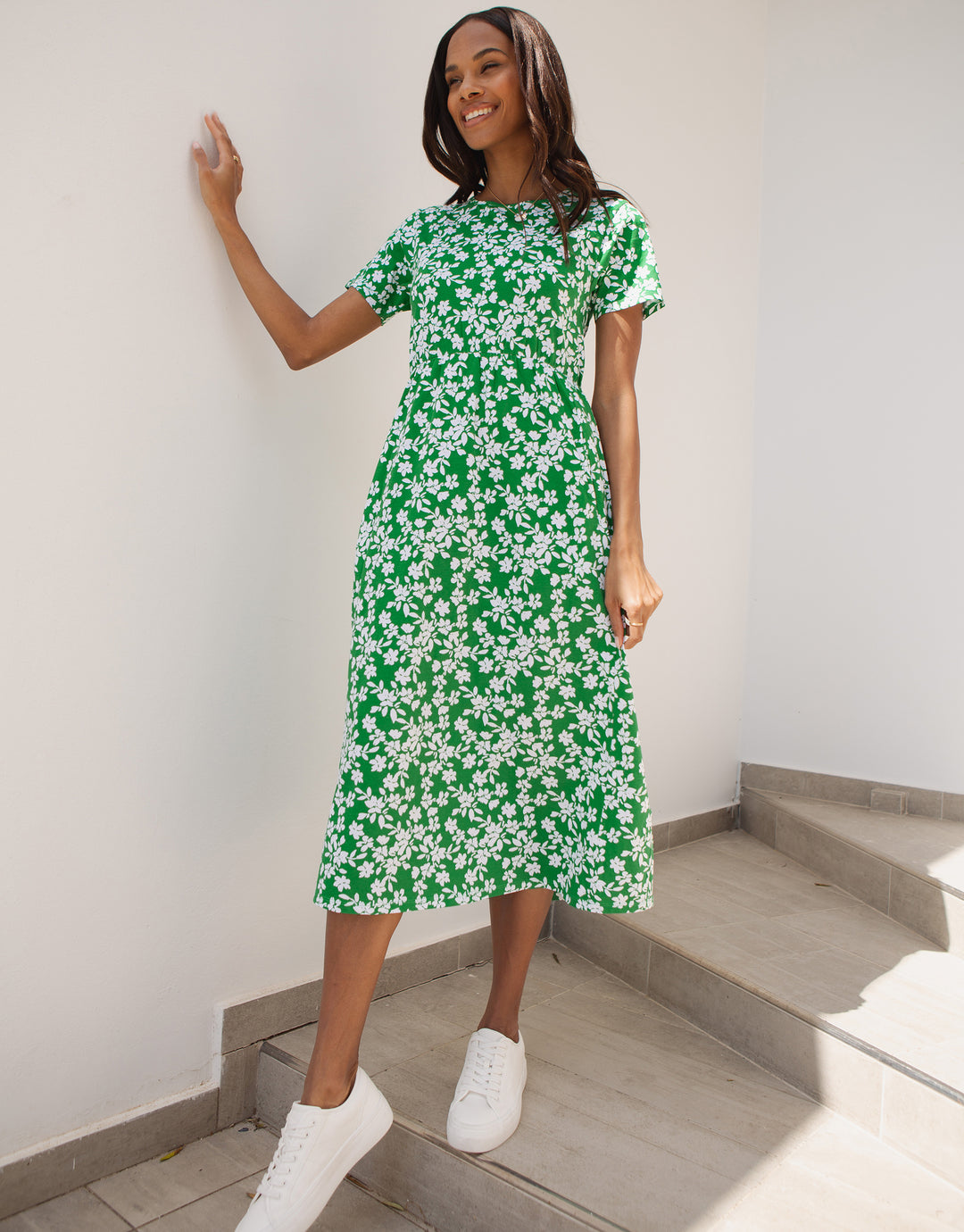 Green Floral Jersey Midi Smock Dress with Pockets