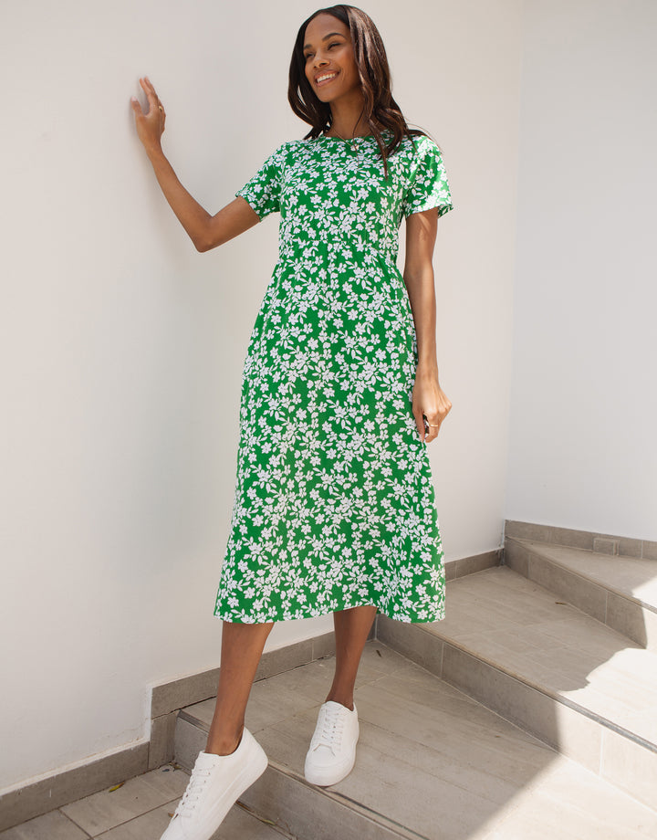Green Floral Jersey Midi Smock Dress with Pockets