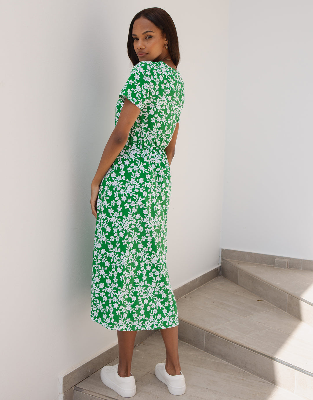 Green Floral Jersey Midi Smock Dress with Pockets