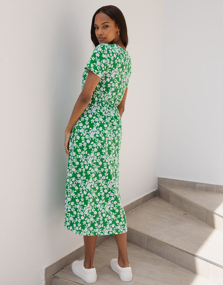 Green Floral Jersey Midi Smock Dress with Pockets