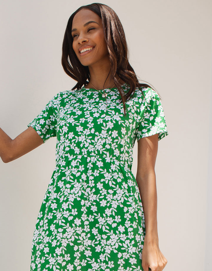 Green Floral Jersey Midi Smock Dress with Pockets