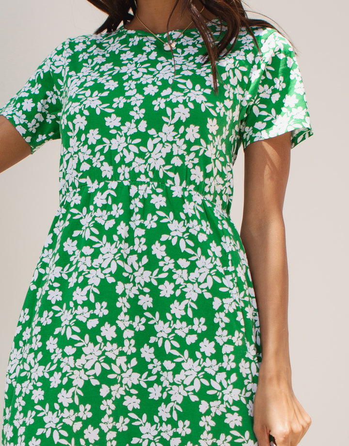 Green Floral Jersey Midi Smock Dress with Pockets
