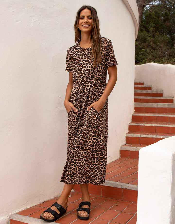 Tan Brown Leopard Print Jersey Midi Smock Dress with Pockets